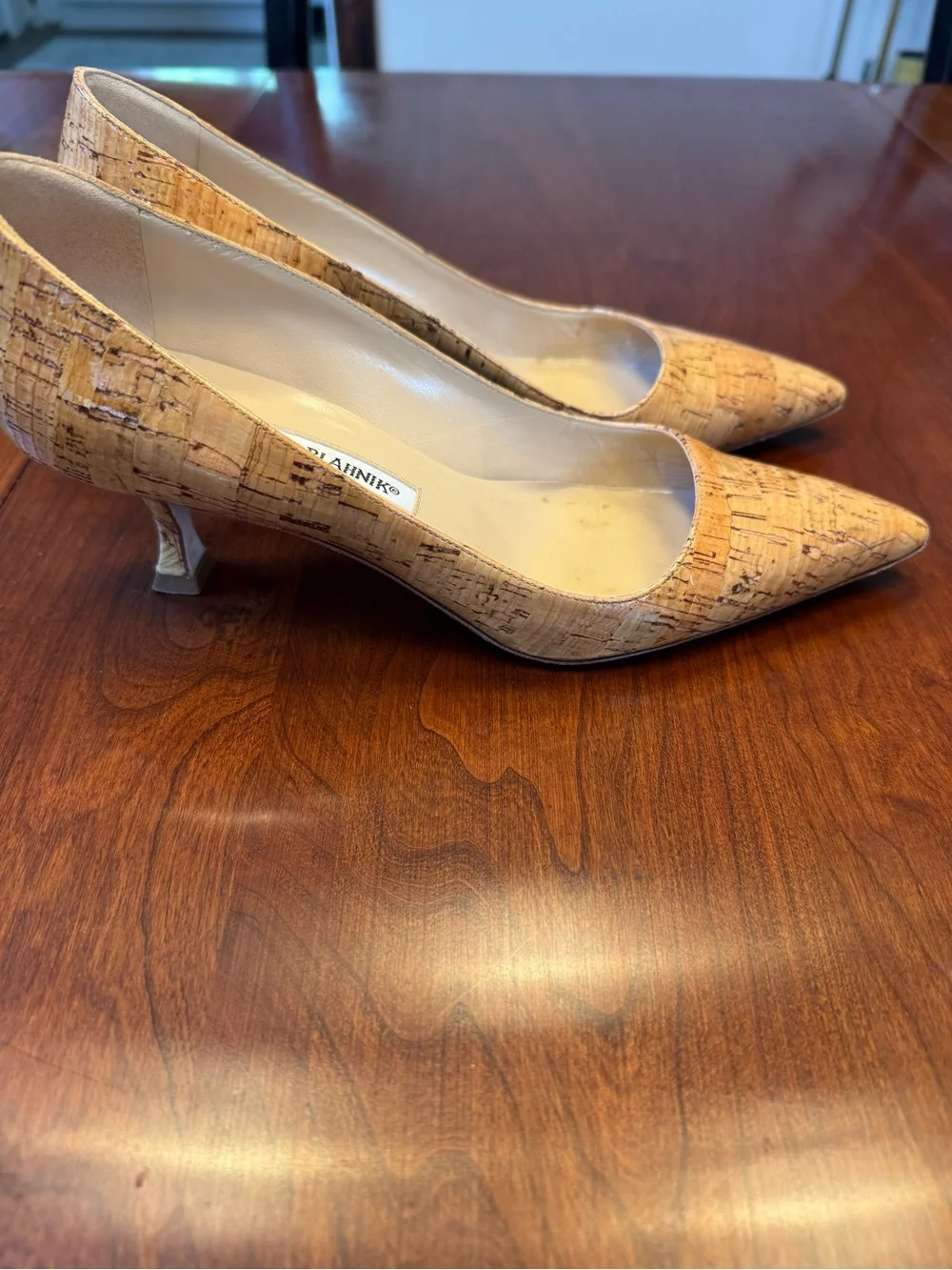 Manolo Blahnik Cork-Textured Pointed-Toe Pumps in Light Tan